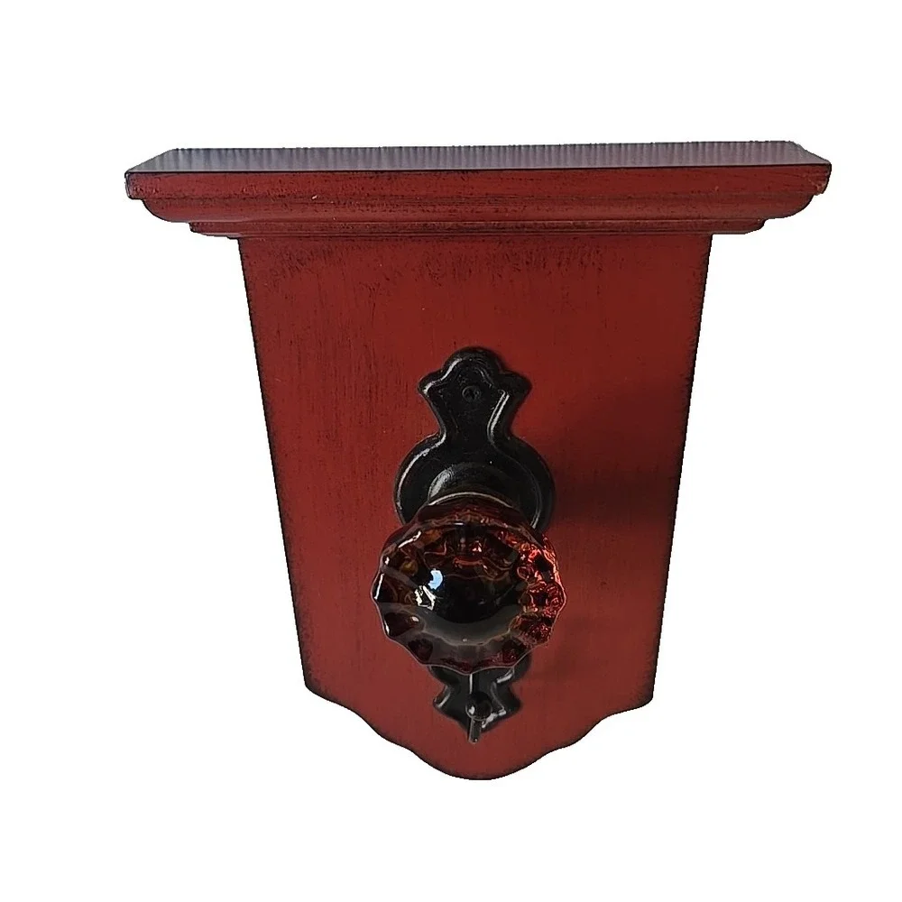 Vintage Wall Hook Rack Red Iron Door Knob Wood Coat Hat Hanger Rustic Farmhouse